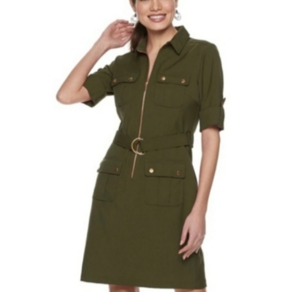 Sslv Gold hardware Body Length Zipper ShiftDress Sharagano Army